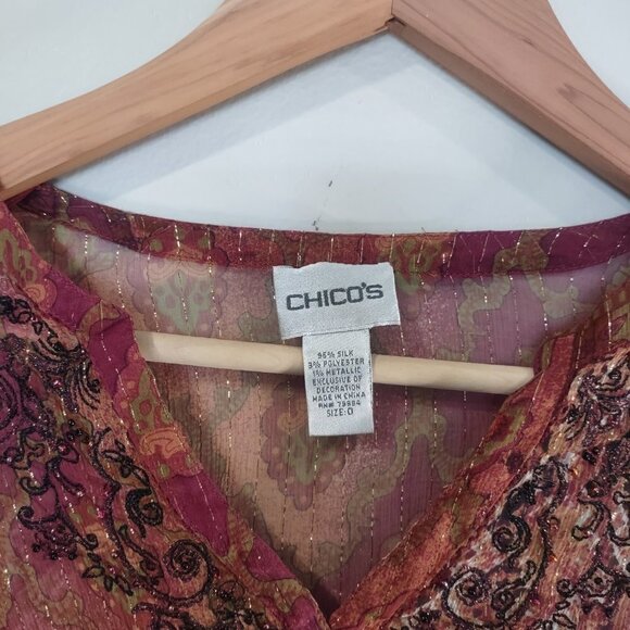 Women's Red/Purple Silk Sheer Button down Size Medium (Chico 0) - Picture 4 of 7